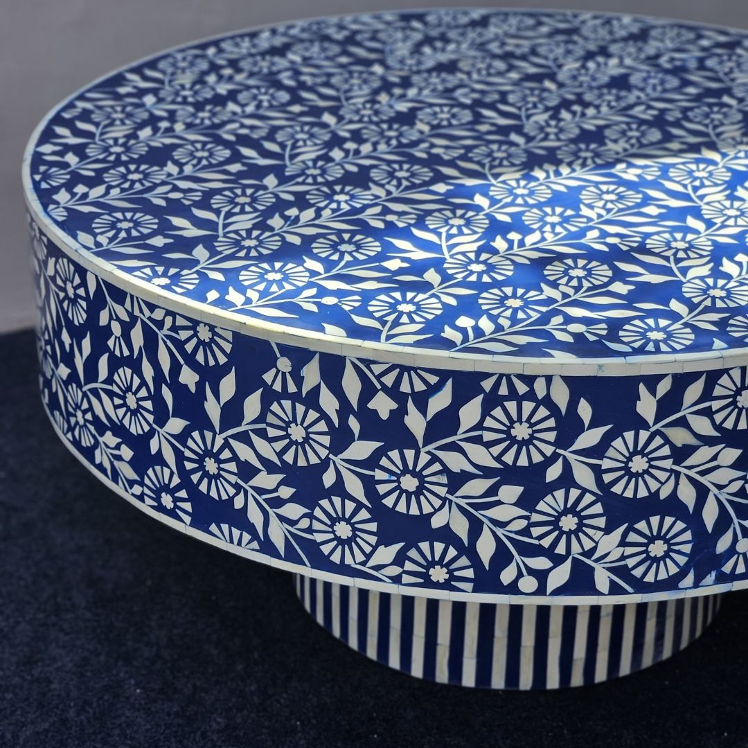 Indigo Floral Bone Inlay Round Coffee Table