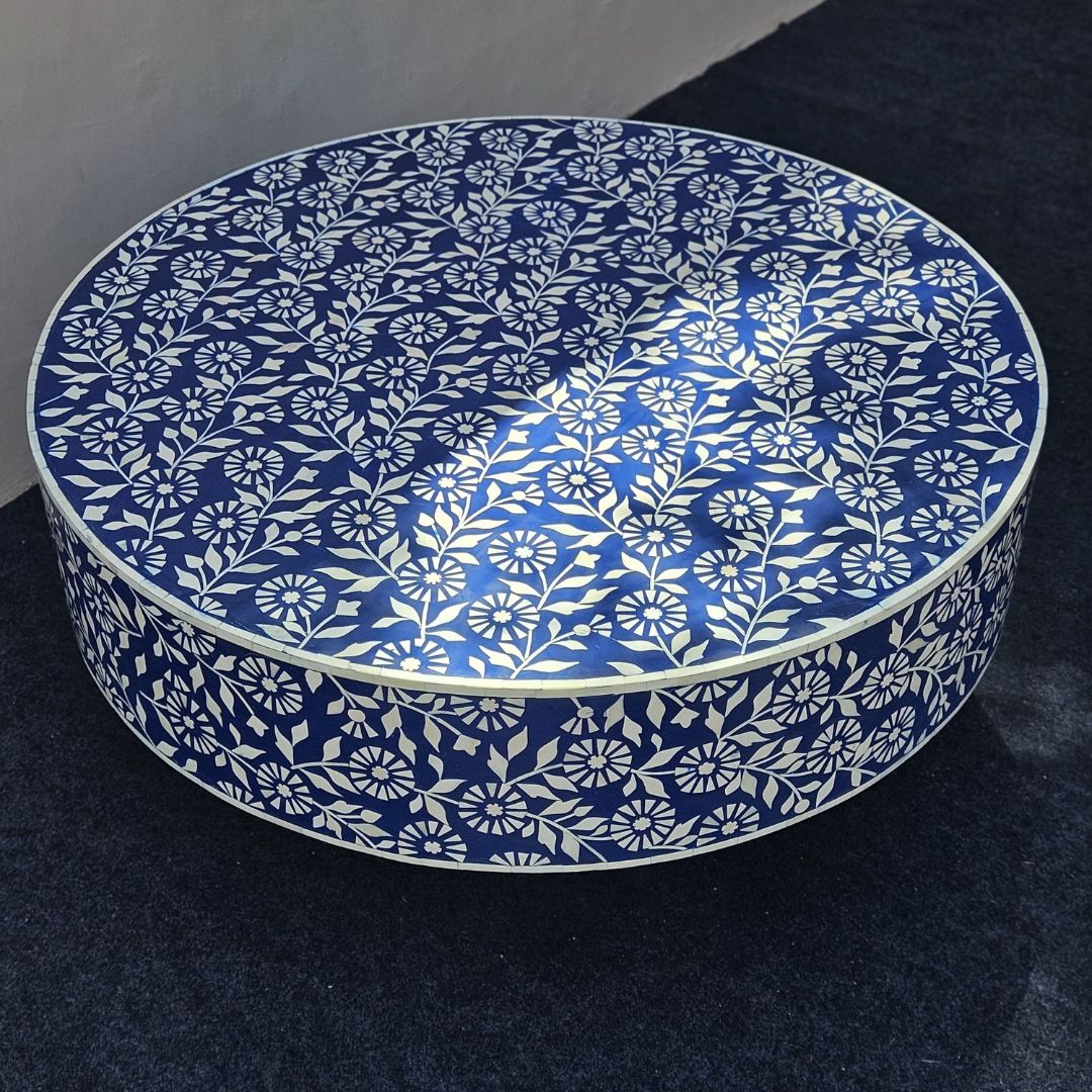 Indigo Floral Bone Inlay Round Coffee Table