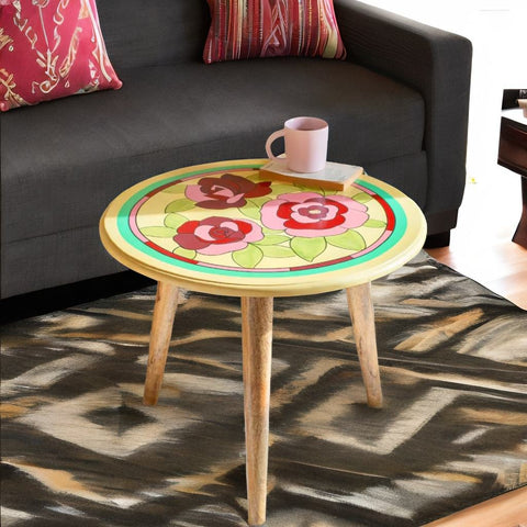 Hand Painted Round Small Coffee Table - Mango Wood
