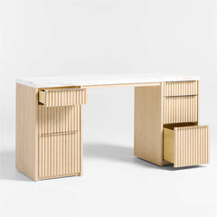 Antalya Modern Natural Oak Wood Desk With White Marble Top