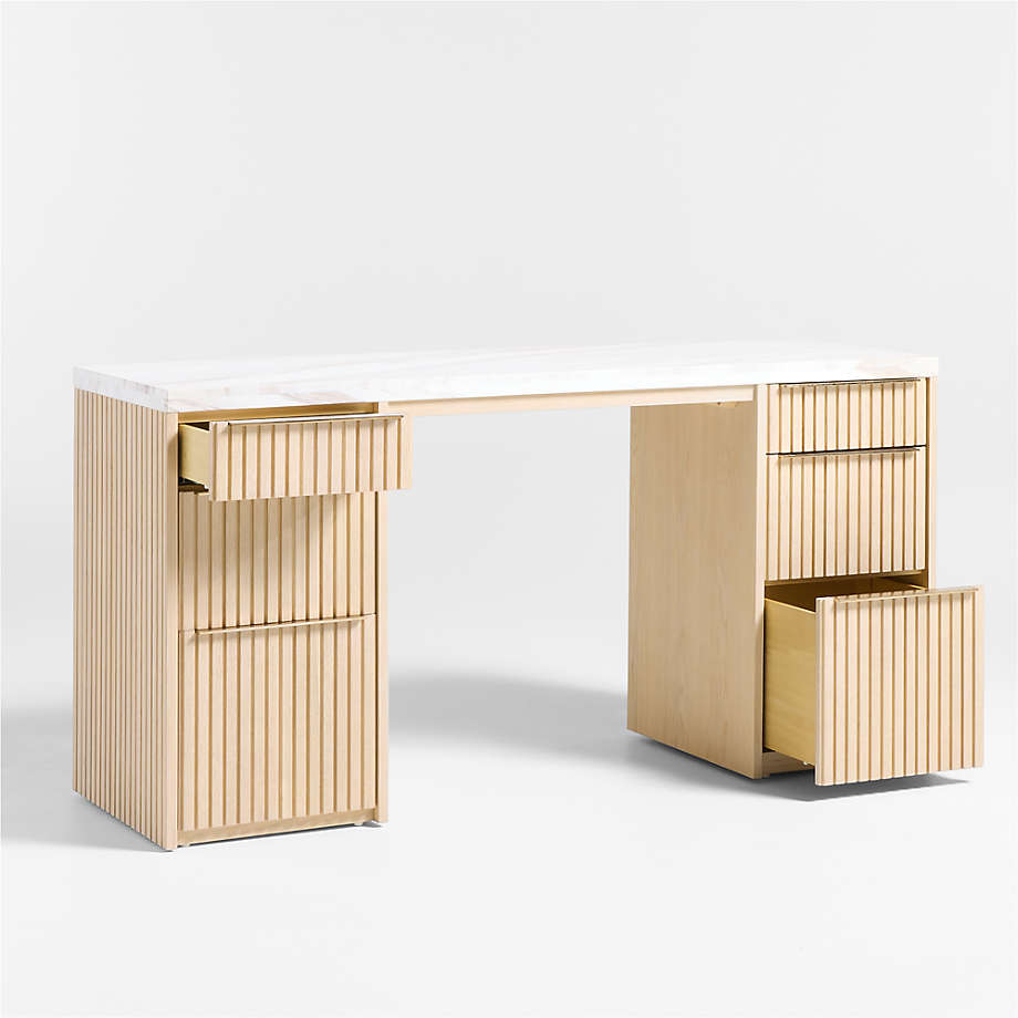 Antalya Modern Natural Oak Wood Desk With White Marble Top