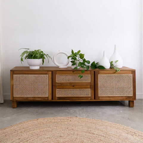 Berlin Teakwood Rattan Entertainment Unit With Drawers