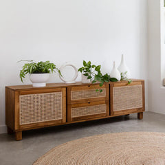 Berlin Teakwood Rattan Entertainment Unit With Drawers