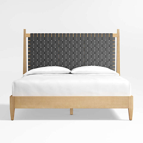 Niwar Solid Wood Bed With Handwoven Leather Headboard In Black - All Sizes