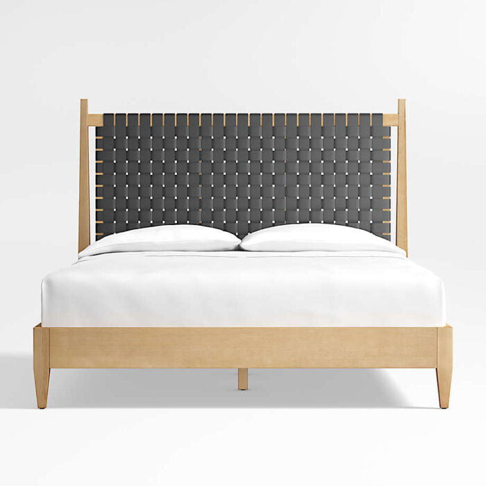 Niwar Solid Wood Bed With Handwoven Leather Headboard In Black - All Sizes