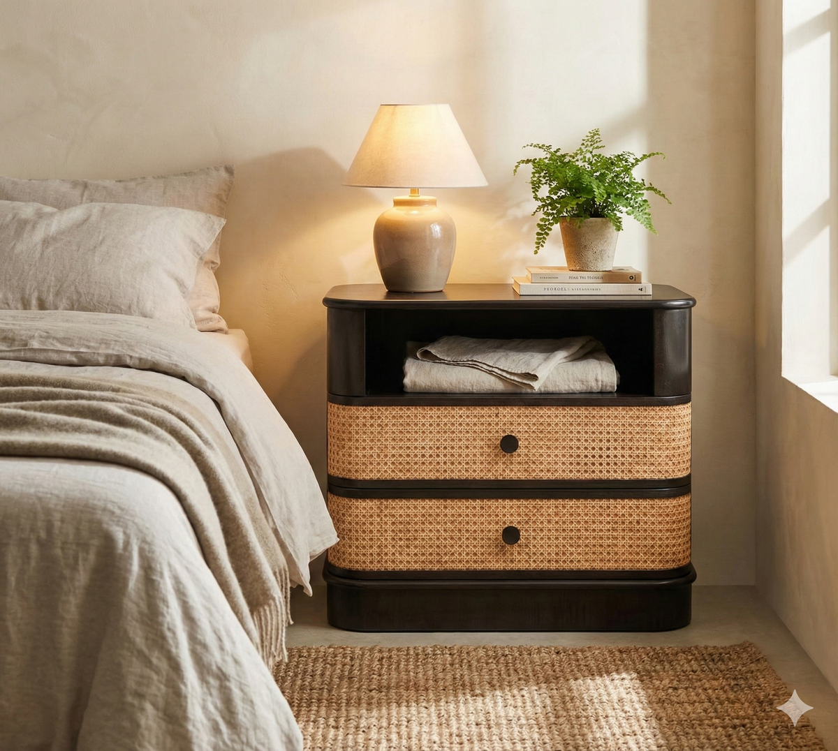 Haven Rattan Solid  Wood Bedside Table