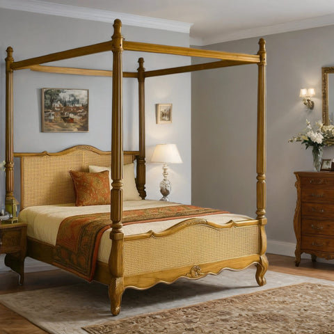 Eliza Rattan Solid Wood Poster Bed With Natural Finish