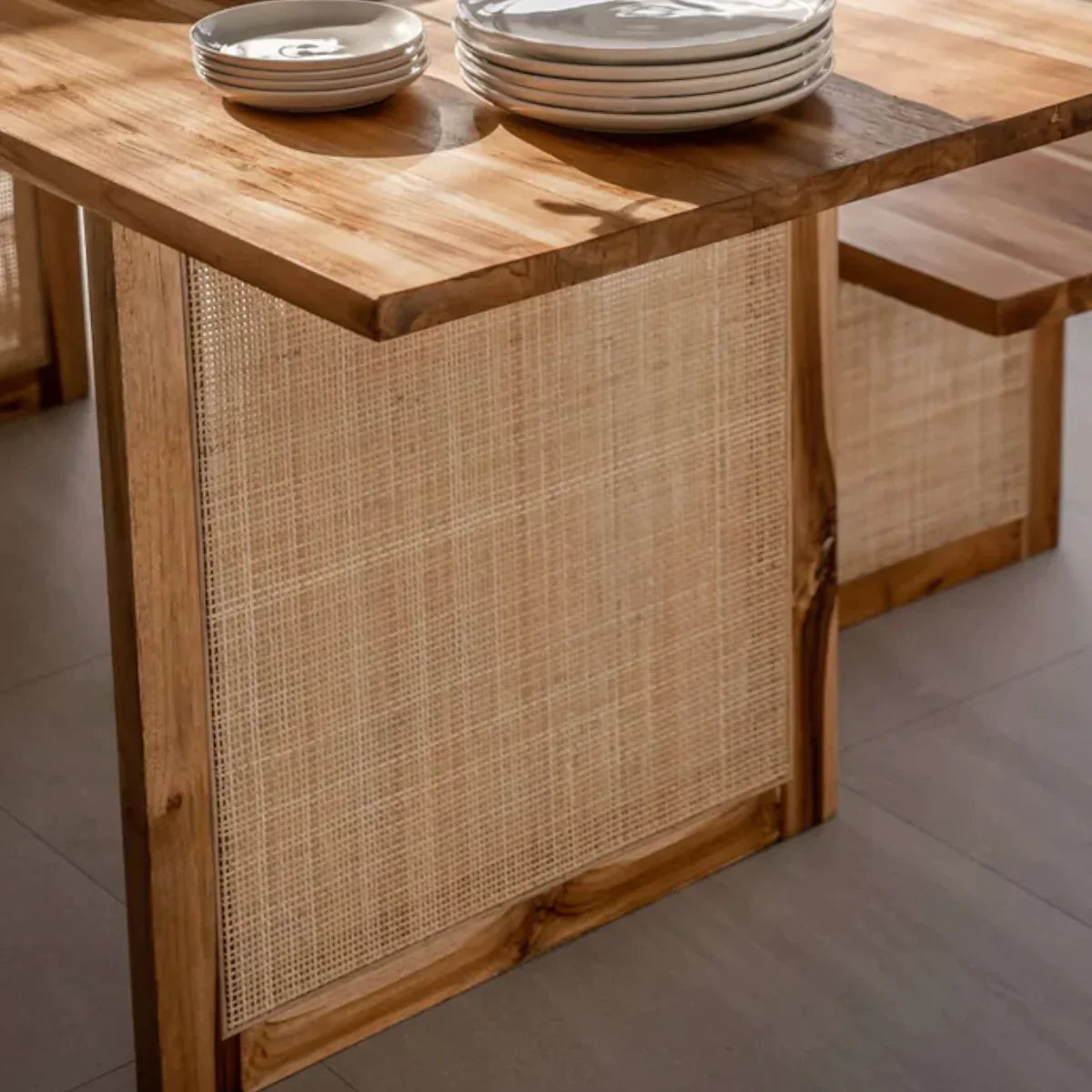 Traditional Rattan Teakwood 6 Seater Dining Table Set With Bench