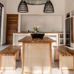 Traditional Rattan Teakwood 6 Seater Dining Table Set With Bench