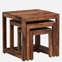 Classic Sheesham Wood Set of 3 Side Table In Rustic Teak