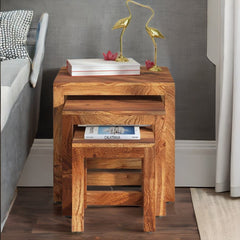 Classic Sheesham Wood Set of 3 Side Table In Rustic Teak