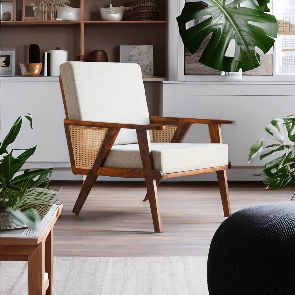 Modern sheesham Wood and Fabric Lounge Chair