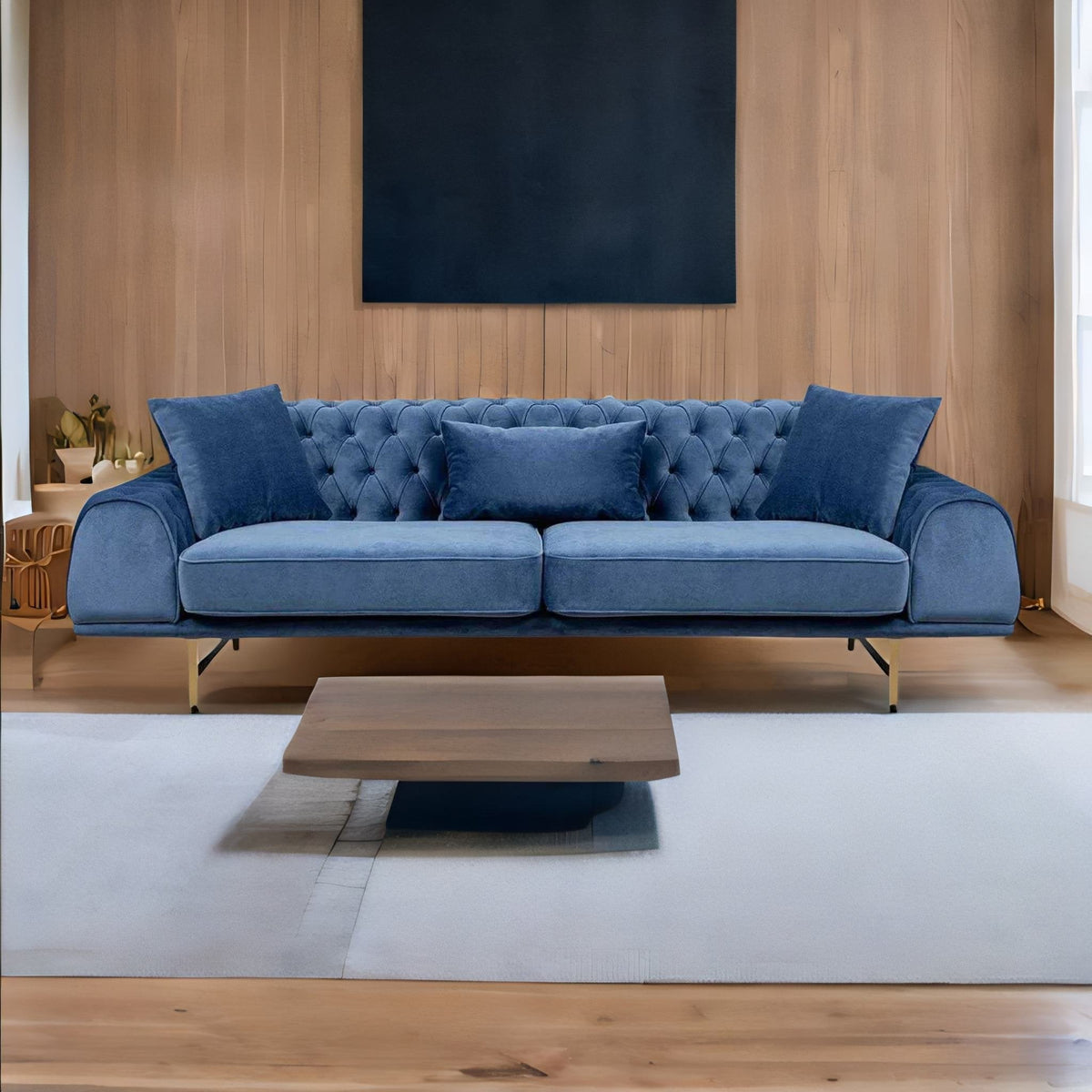 Three Seater Polyester Fabric Sofa - Navy Blue