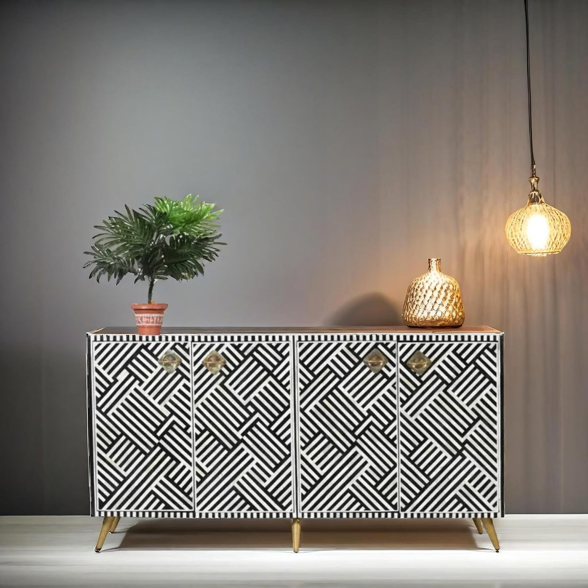 Bone Inlay Geometric Sideboard in Black & White