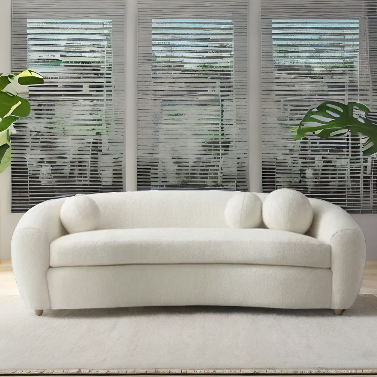 Milano White Modern Curve Boucle Fabric Sofa - 3 Seater