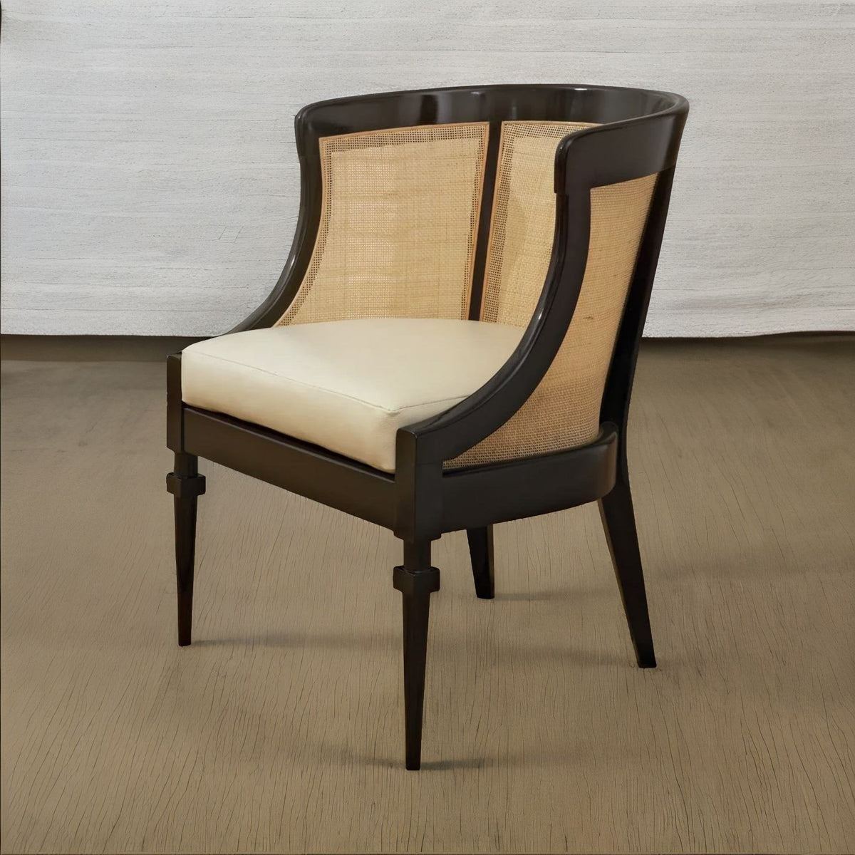 Modern Rattan Solid Wood Leatherette Wing Chair - Black Finish