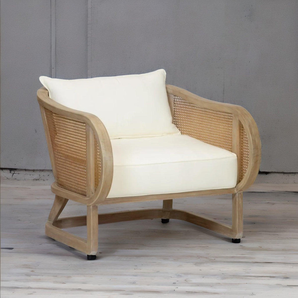 Traditional Solid Wood Rattan Upholstered Lounge Chair - Natural Finish