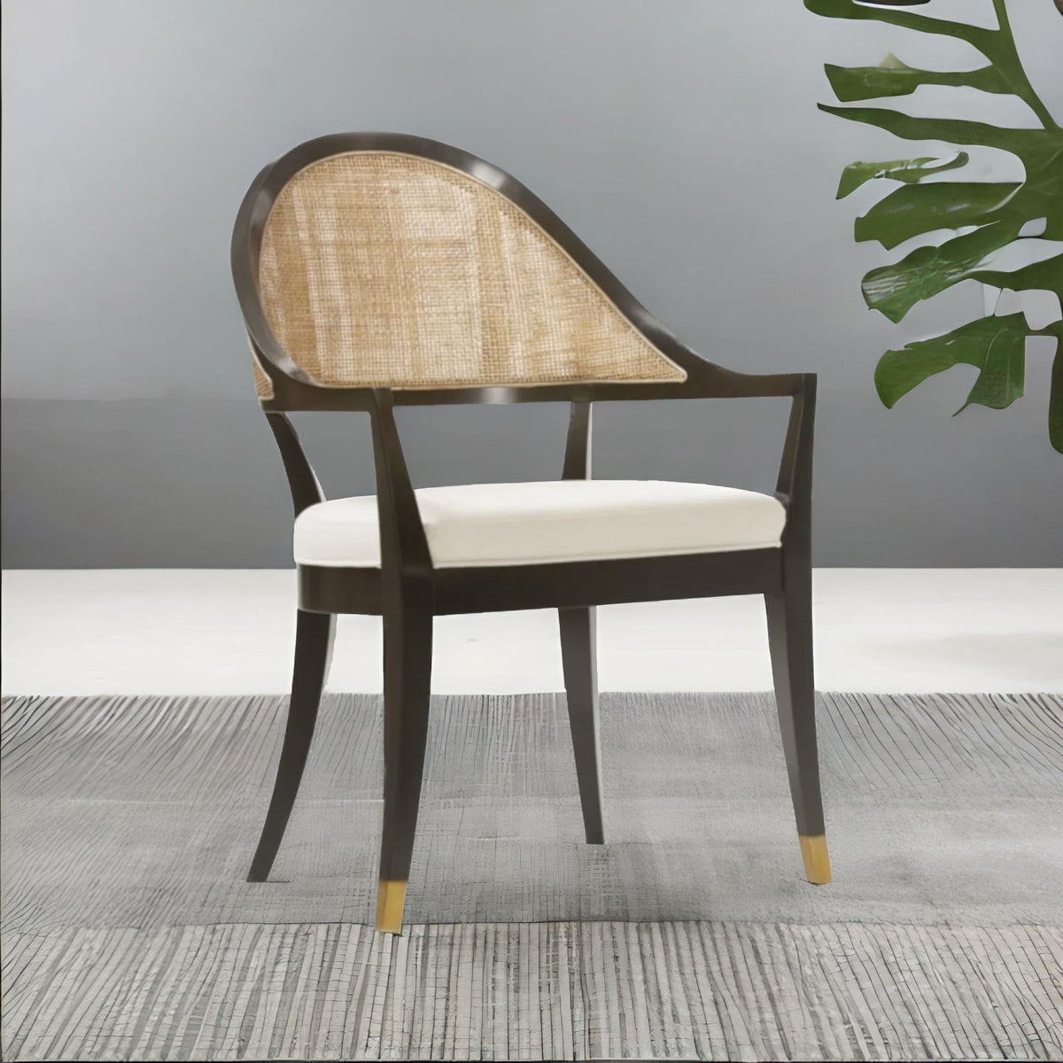 Modern Rattan Solid Wood  Arm Chair- Black Finish