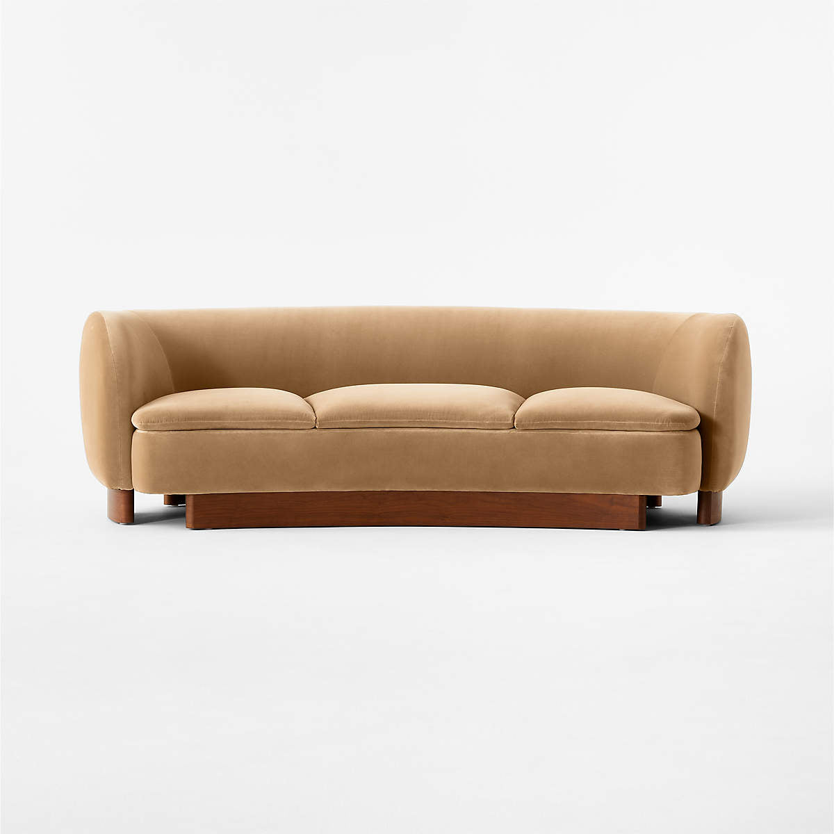 Modern Curved Velvet Sofa - Honey Stain Wood