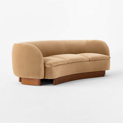 Modern Curved Velvet Sofa - Honey Stain Wood