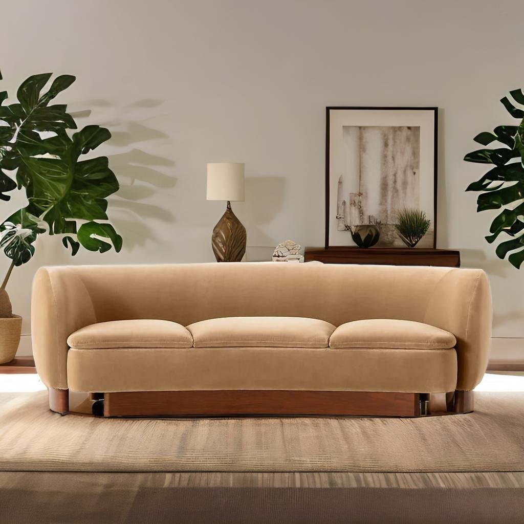 Modern Curved Velvet Sofa - Honey Stain Wood
