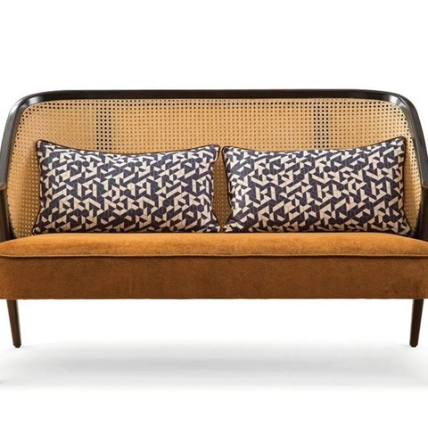 Rattan Classic Two Seater Sofa With Cane & Velvet Seat