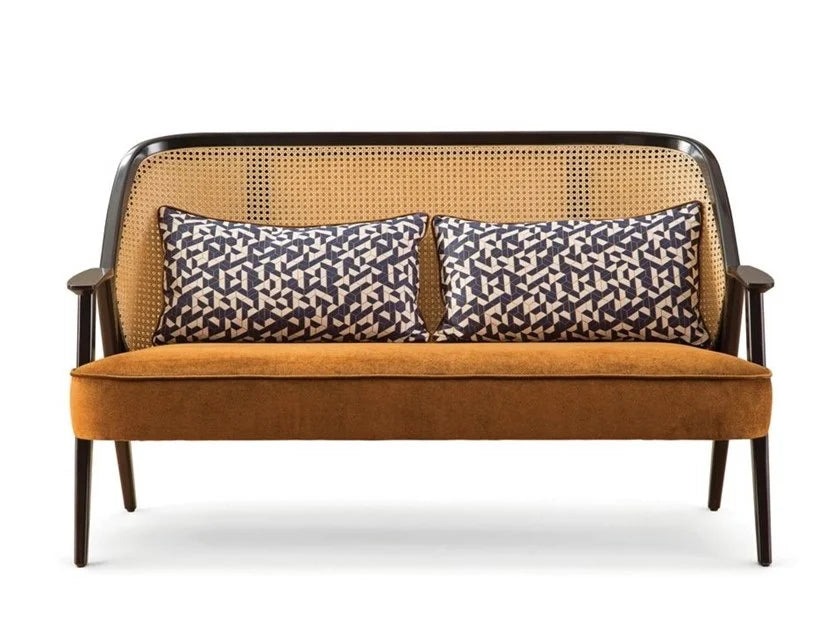 Rattan Classic Two Seater Sofa With Cane & Velvet Seat