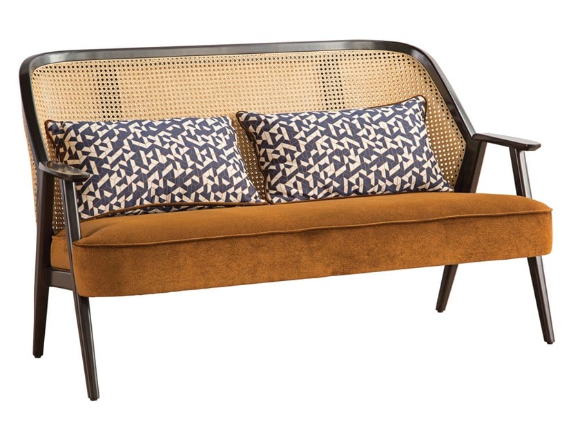 Rattan Classic Two Seater Sofa With Cane & Velvet Seat