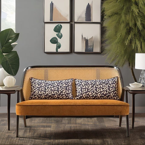 Rattan Classic Two Seater Sofa With Cane & Velvet Seat