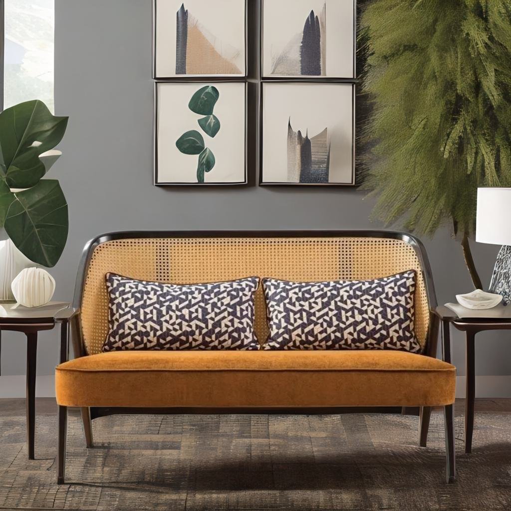 Rattan Classic Two Seater Sofa With Cane & Velvet Seat