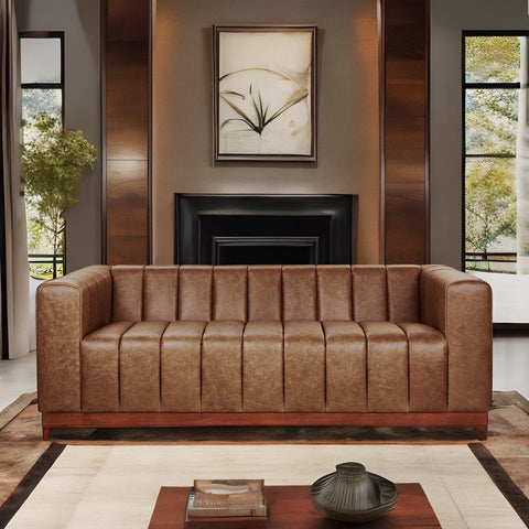Modern Channeled Saddle Leatherette Sofa