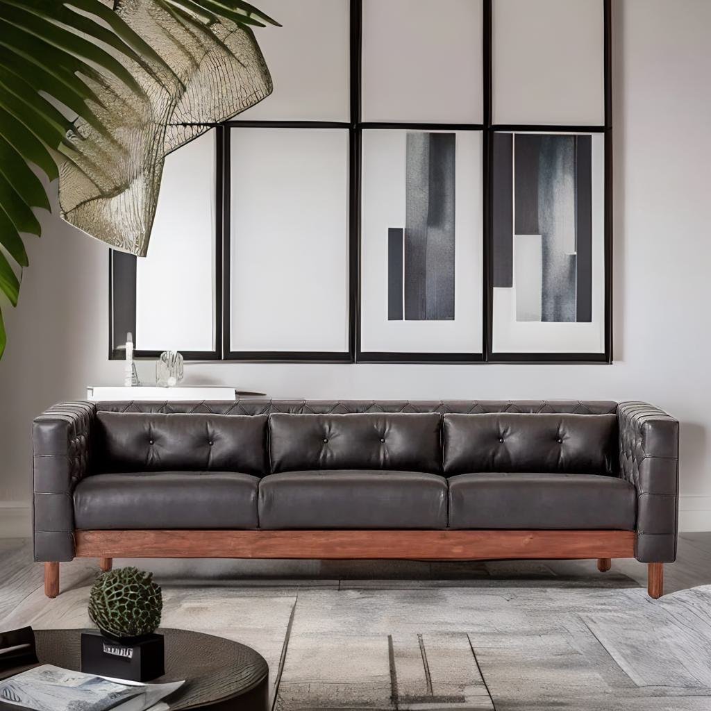 Tufted Black Leatherette Modern Sofa ( Walnut Wood Legs )