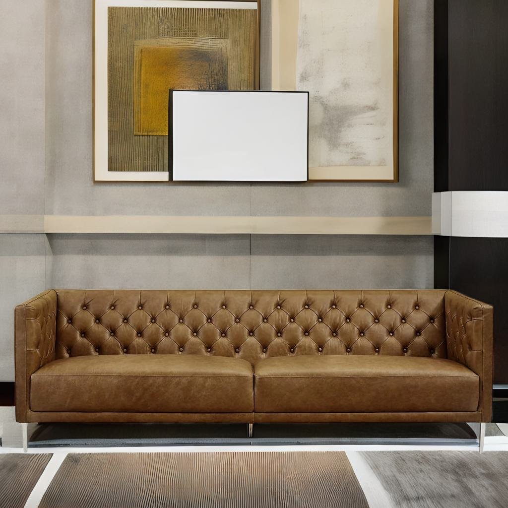 Modern Tufted Brown Leatherette  Sofa