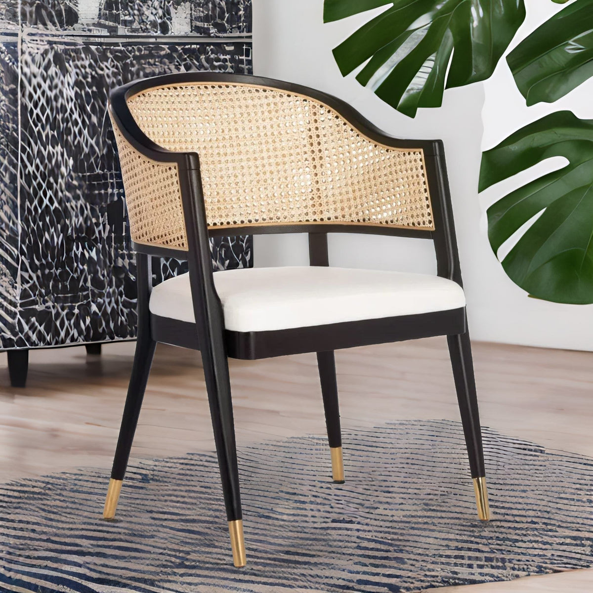 Classic Rattan Solid Wood Arm Chair - Black Finish