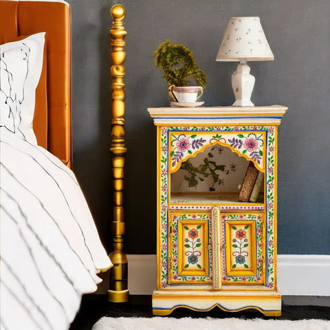 Cream & Yellow Hand Painted Wooden Bedside Cabinet