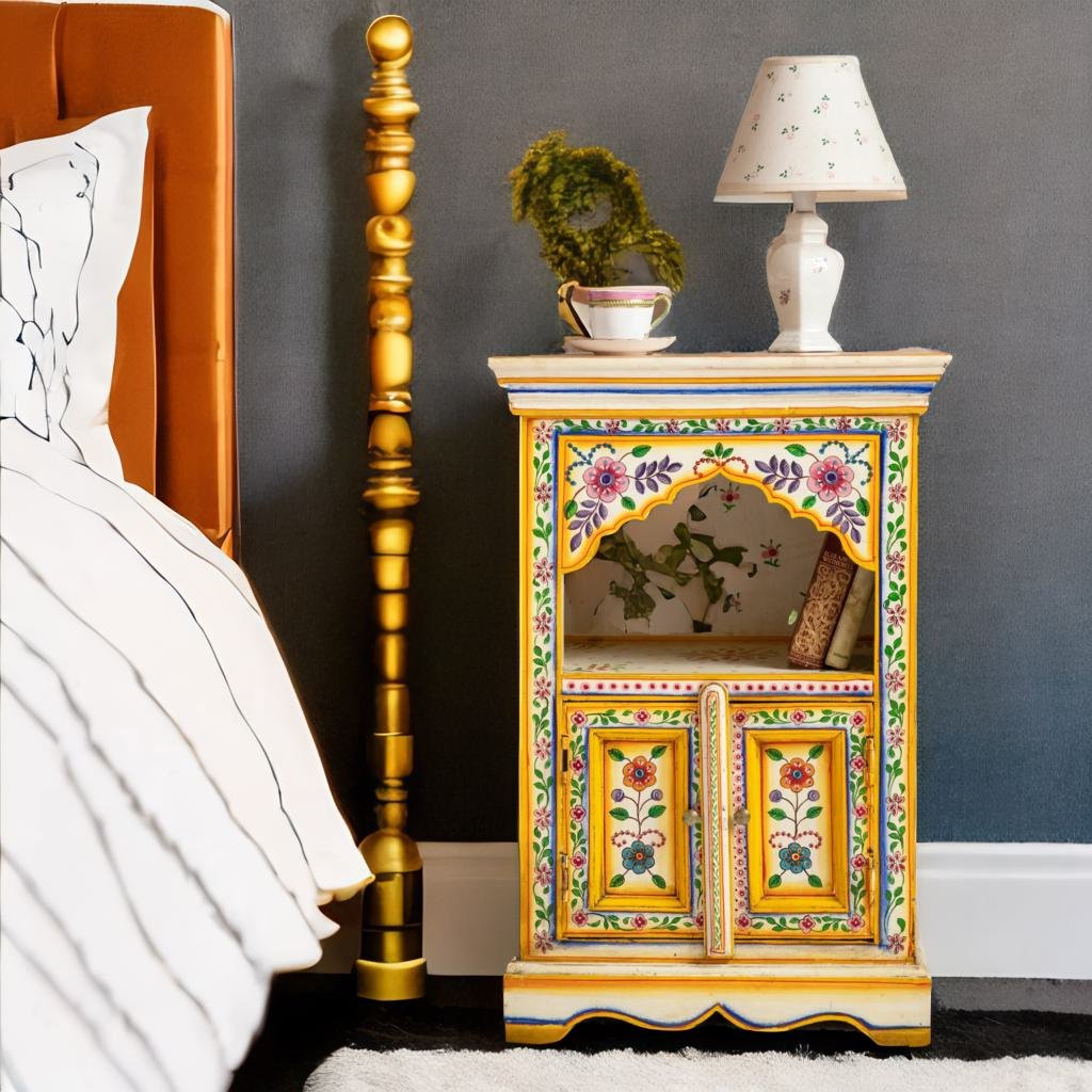 Cream & Yellow Hand Painted Wooden Bedside Cabinet