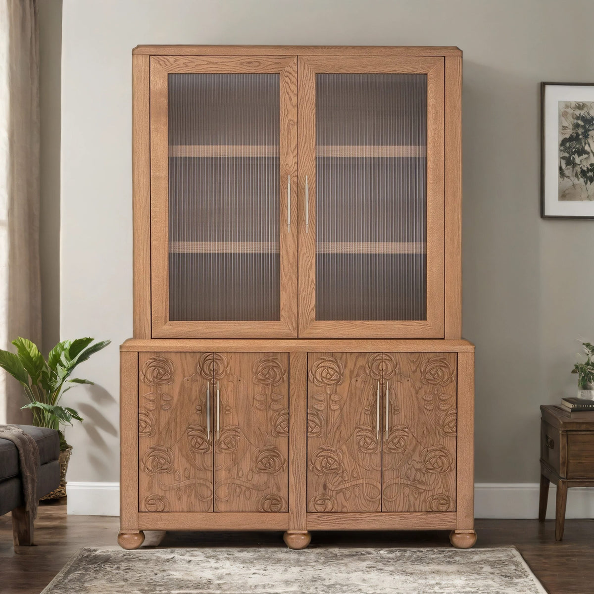 Azalea Solid Oak Storage Cabinet - With Fluted Glass Hutch