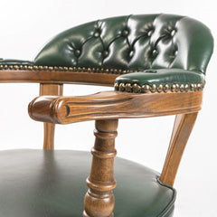 Traditional Solid Wood Leather Arm Chair - Green Finish