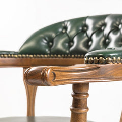Traditional Solid Wood Leather Arm Chair - Green Finish