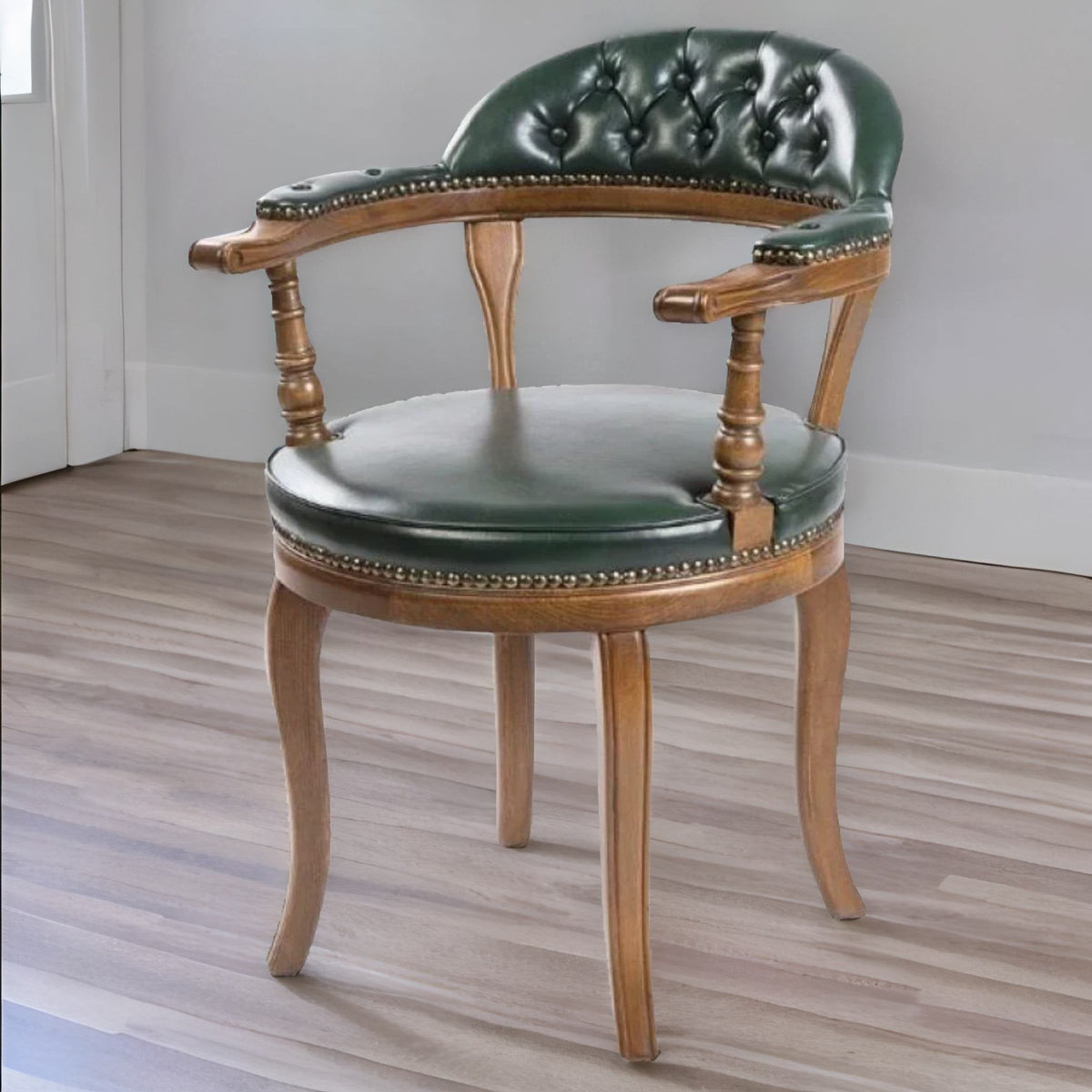 Traditional Solid Wood Leather Arm Chair - Green Finish