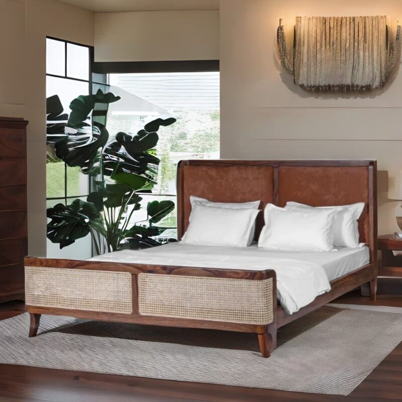 Classic Rattan Solid Wood Bed With Cane and Upholstery - All Sizes