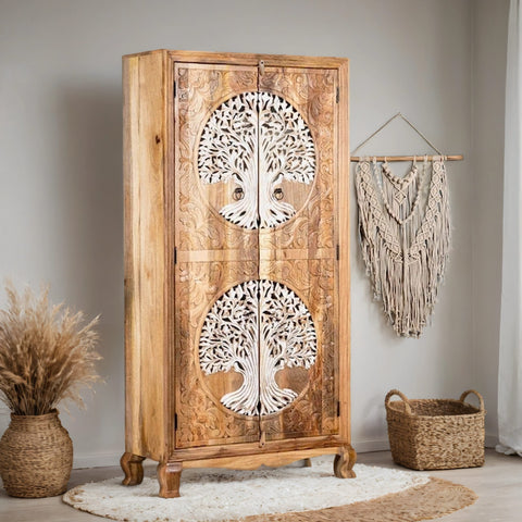 Cairo Hand Carved Tree Of life Mango Wood Wardrobe In Dual Tone