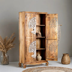 Cairo Hand Carved Tree Of life Mango Wood Wardrobe In Dual Tone