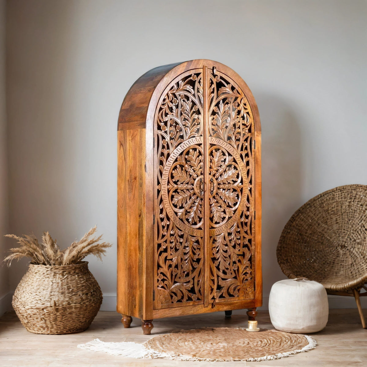 Cairo Hand Carved Floral Arched Mango Wood Wardrobe