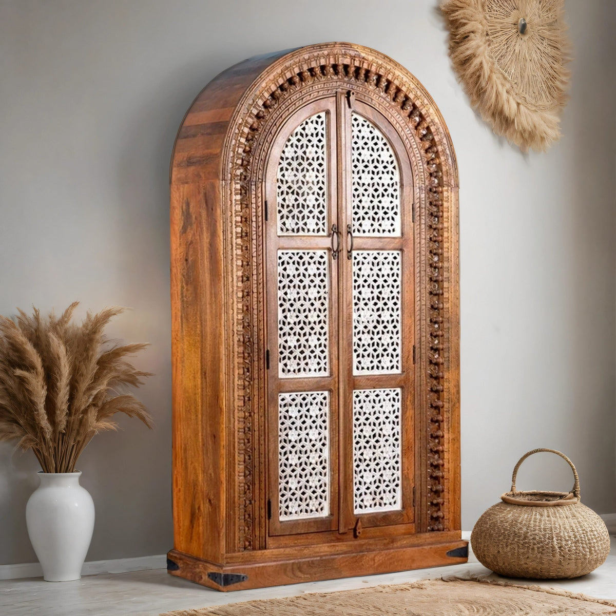 Cairo Hand Carved  Arched Mango Wood Wardrobe