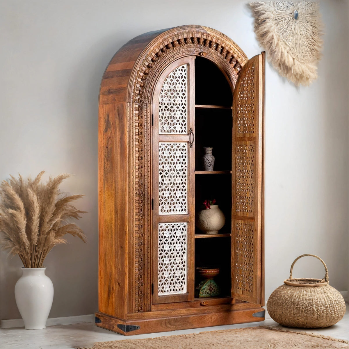 Cairo Hand Carved  Arched Mango Wood Wardrobe