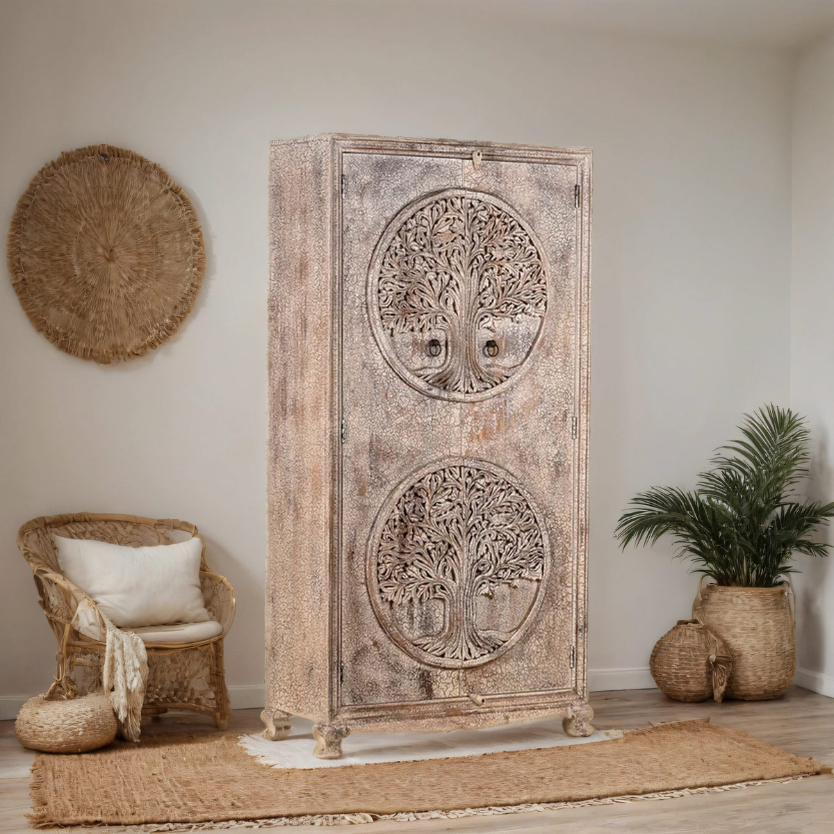 Cairo Hand Carved Tree Of life Design Mango Wood Wardrobe