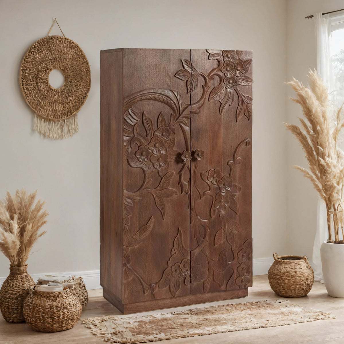 Cairo Hand Carved Wooden Floral Wardrobe