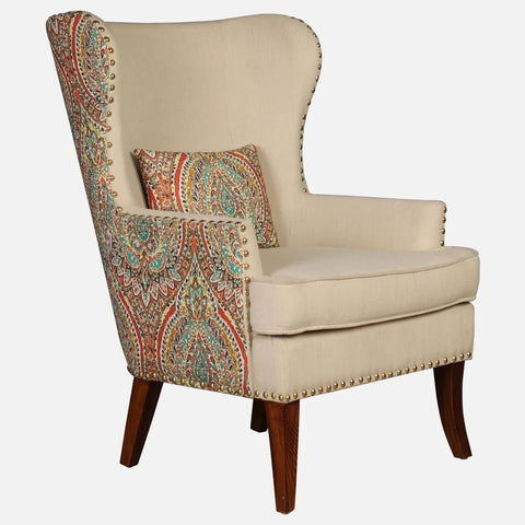 Royal Fabric Wing Chair In Beige Floral Colour