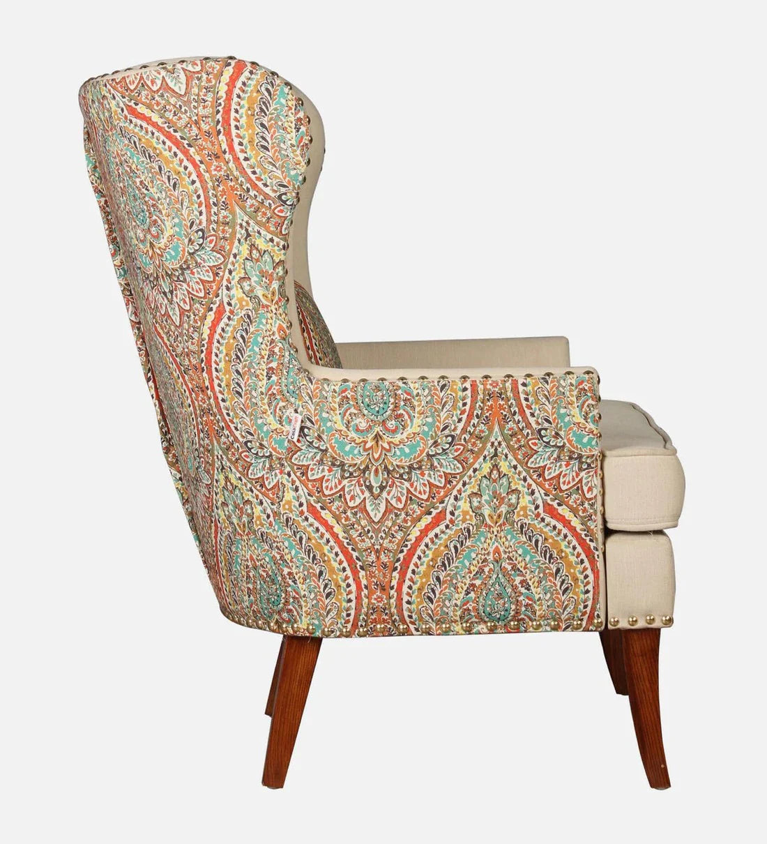 Royal Fabric Wing Chair In Beige Floral Colour